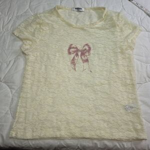 RSQ Lace Sheer Top XL Ivory Floral Bow Print Y2K Coquette Romantic Layering Tee